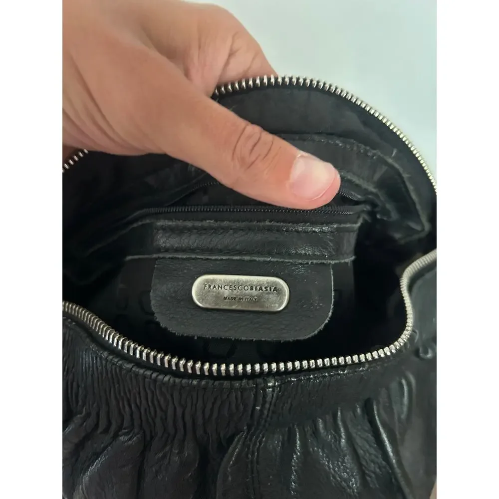 Francesco Biasia Black Leather Shoulder Bag – Made in Italy Ruched Slouchy Hobo